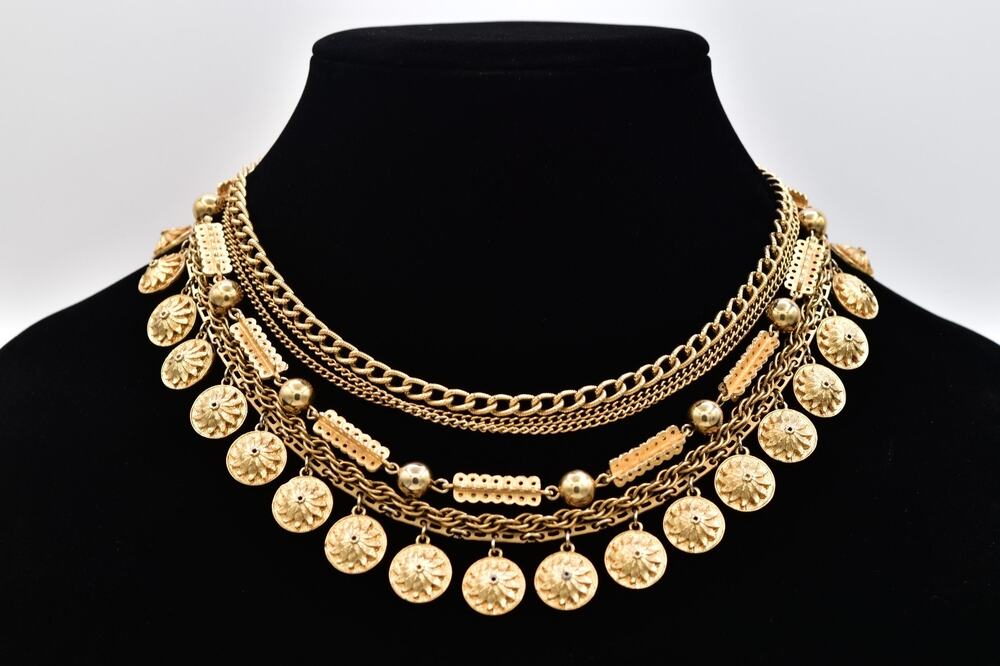 Vintage Multi Strand Coin Charm Bib Necklace Gold Boho Statement Collar BinBL